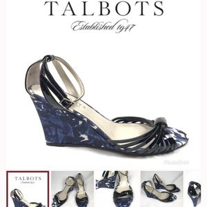 Talbots floral wedge blue white strappy sandal 6.5